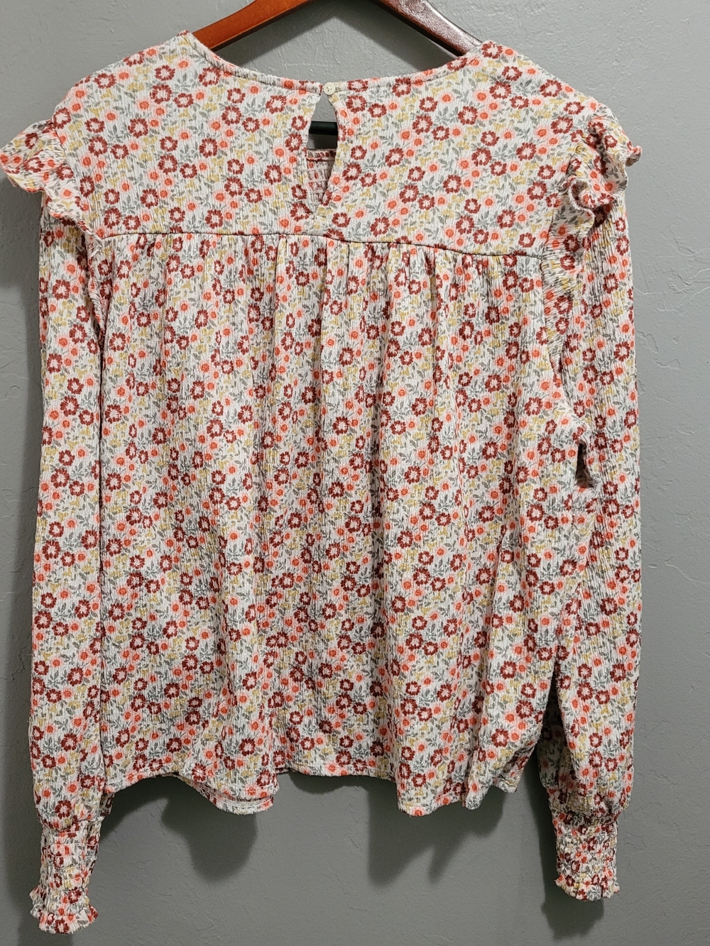LOFT Cream Floral Smocked Ruffle Long-Sleeve Blouse - Picture 3 of 9
